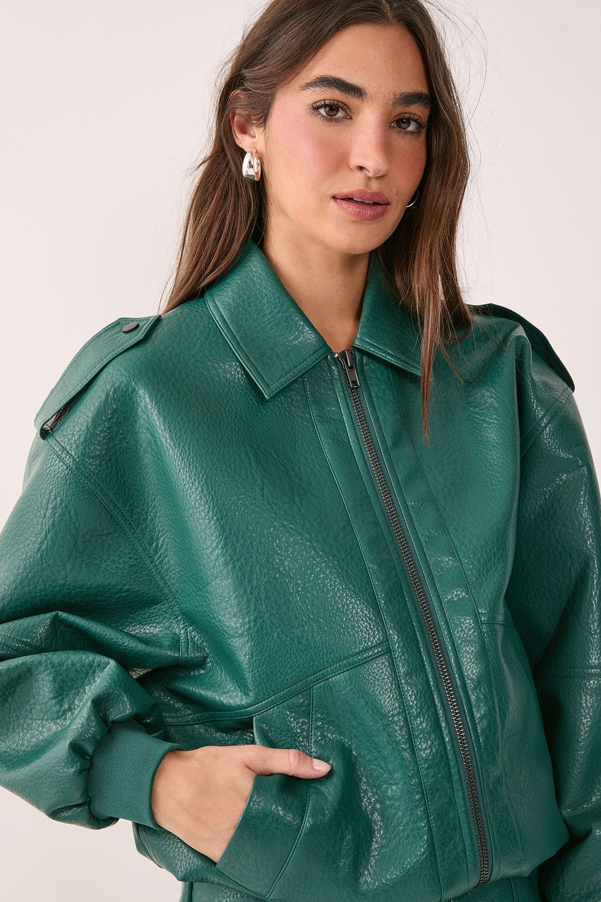 NastyGal Textured Faux Leather Zip Through Bomber Jacket Forest image 4