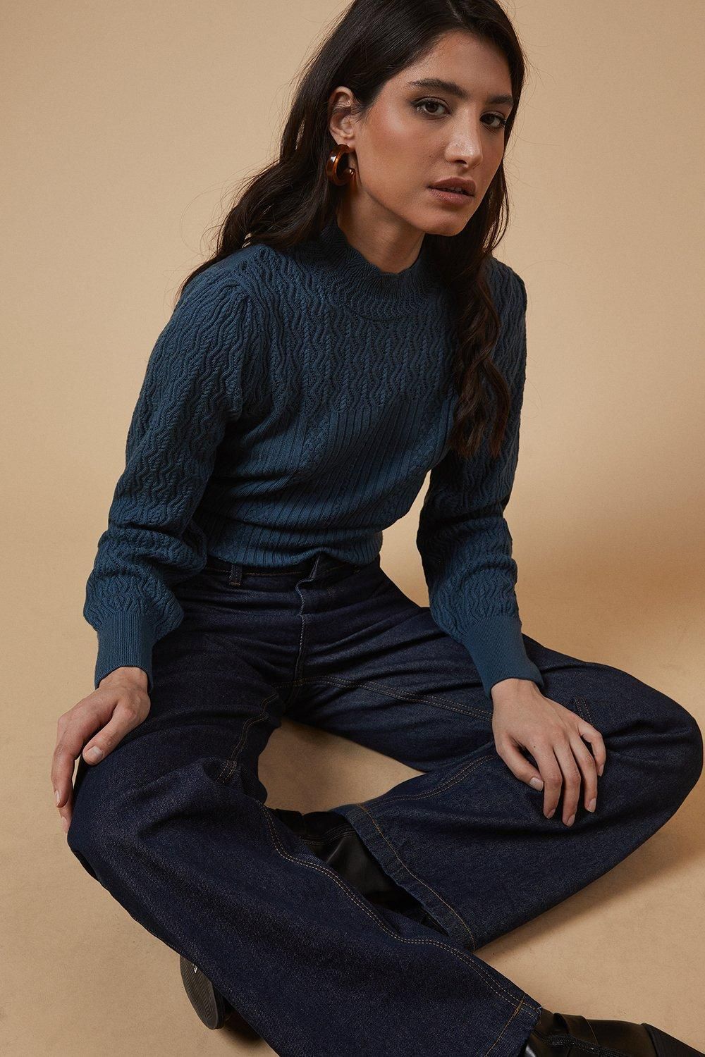 Oasis Pointelle Scallop High Neck Jumper Denim image 4