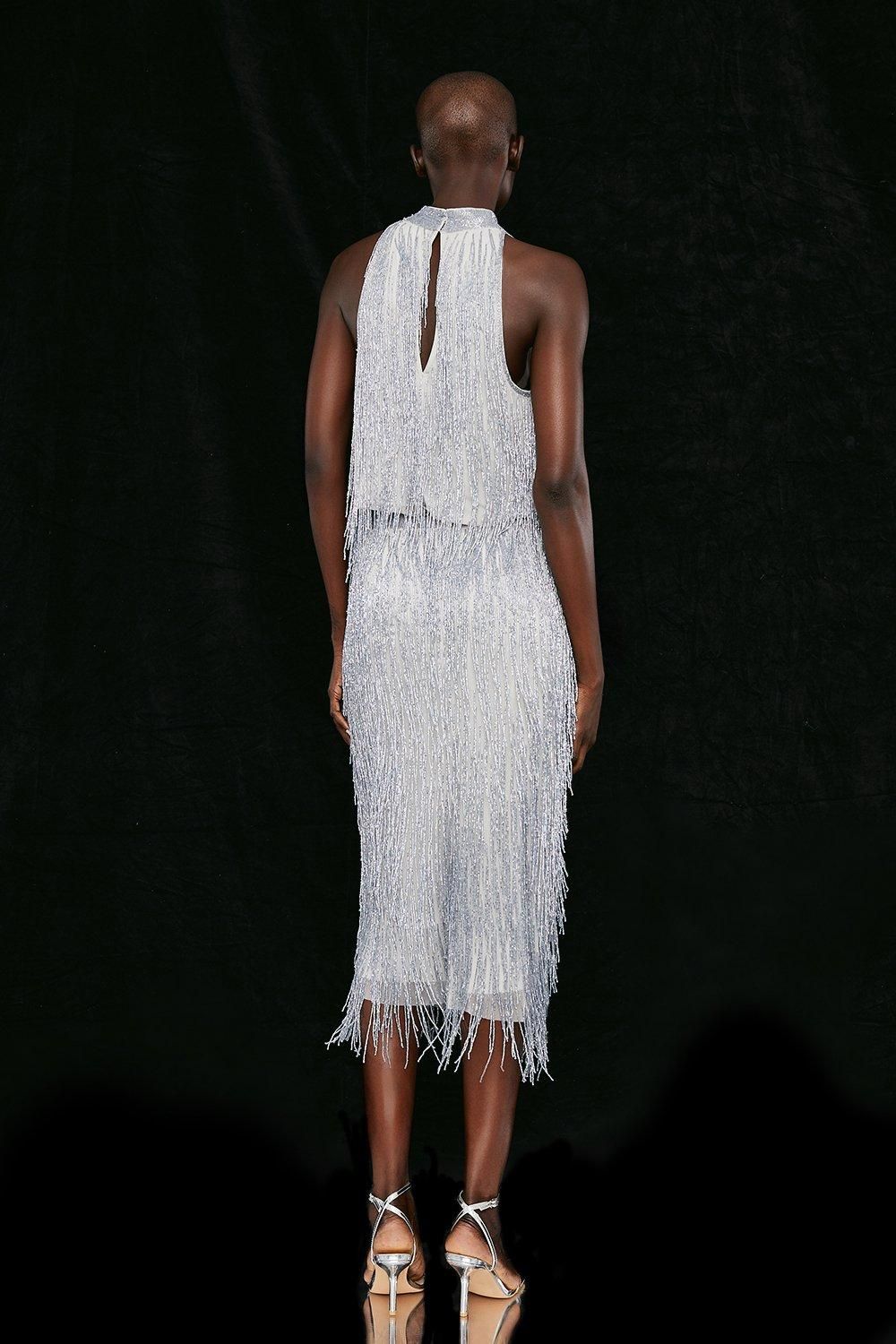 Coast Premium Fringe Embellished Midi Skirt Silver image 3
