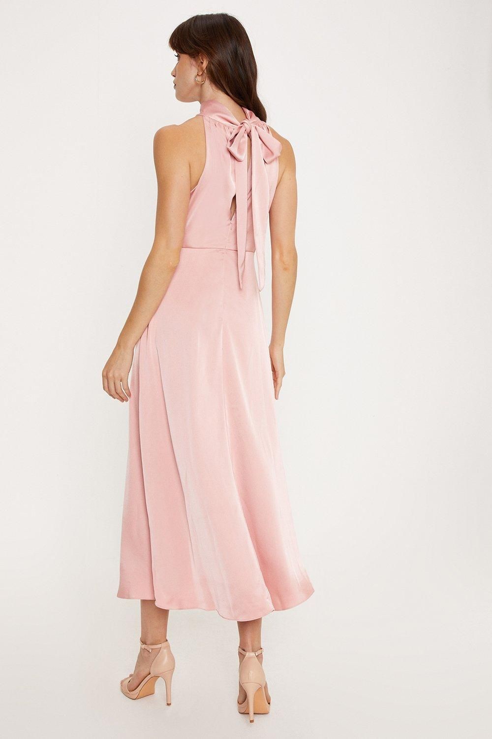 Oasis Petite Satin Halter Neck Midi Bridesmaid Dress Dusty Pink image 3