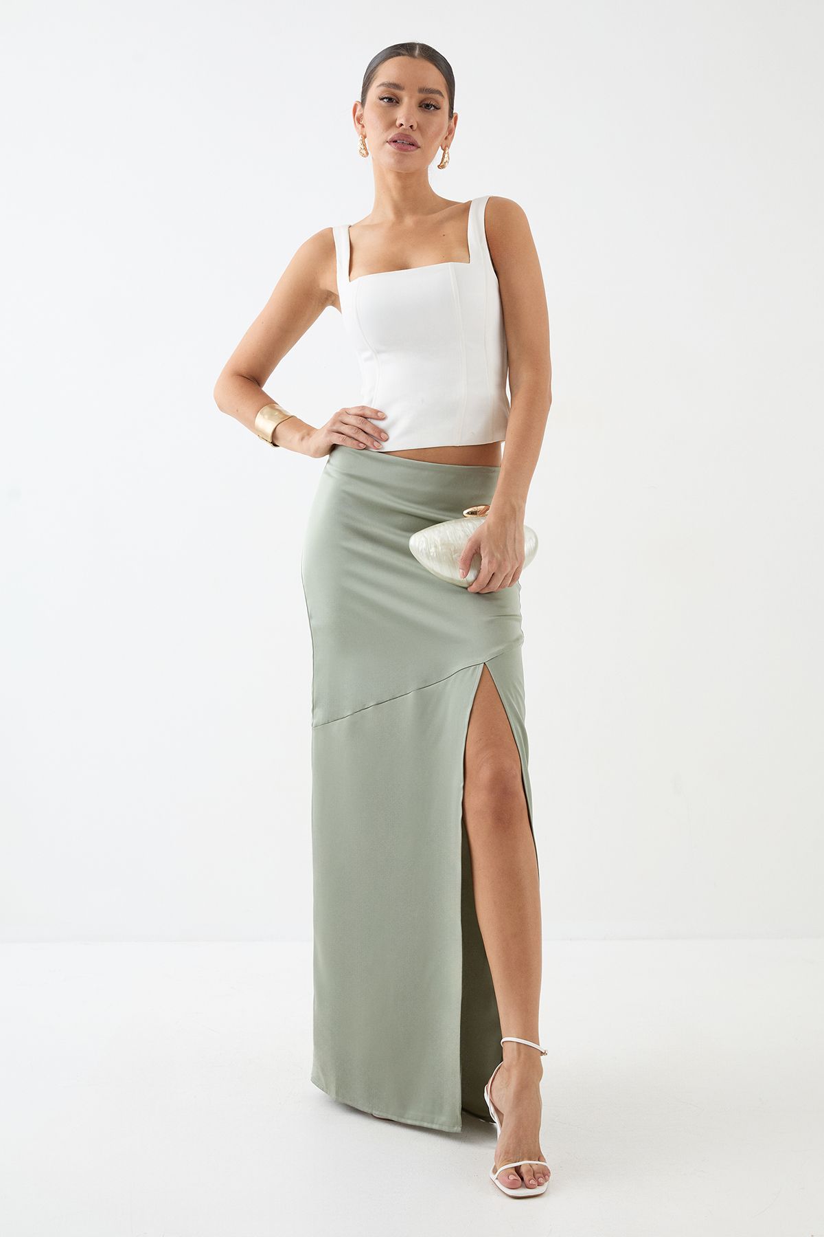 MissPap Satin High Waist Maxi Skirt Olive