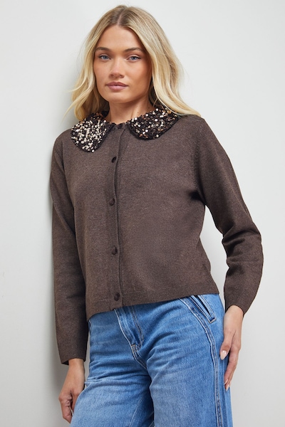 Oasis Sequin Collar Cardigan Brown