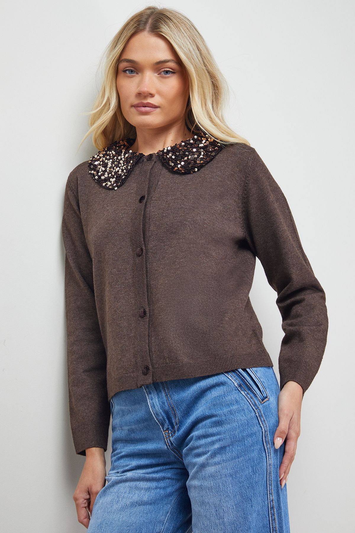 Oasis Sequin Collar Cardigan Brown image 1