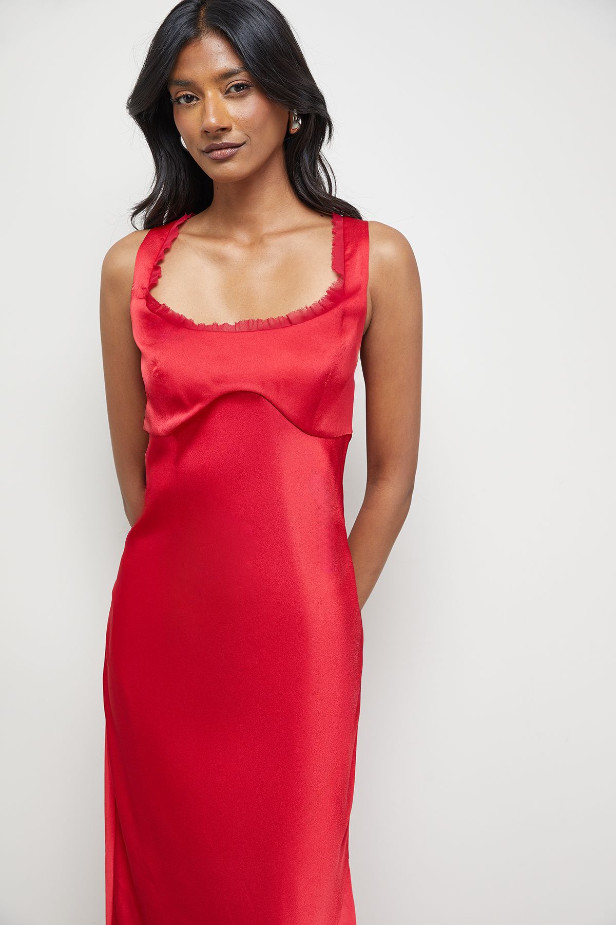 Warehouse Premium Viscose Satin Raw Edge Asymmetric Midi Slip Dress Red image 4