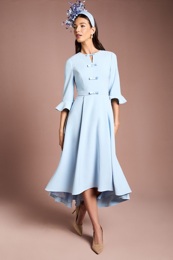 Coast Lisa Tan Satin High Low Midi Dress With Bow Detail Pale Blue