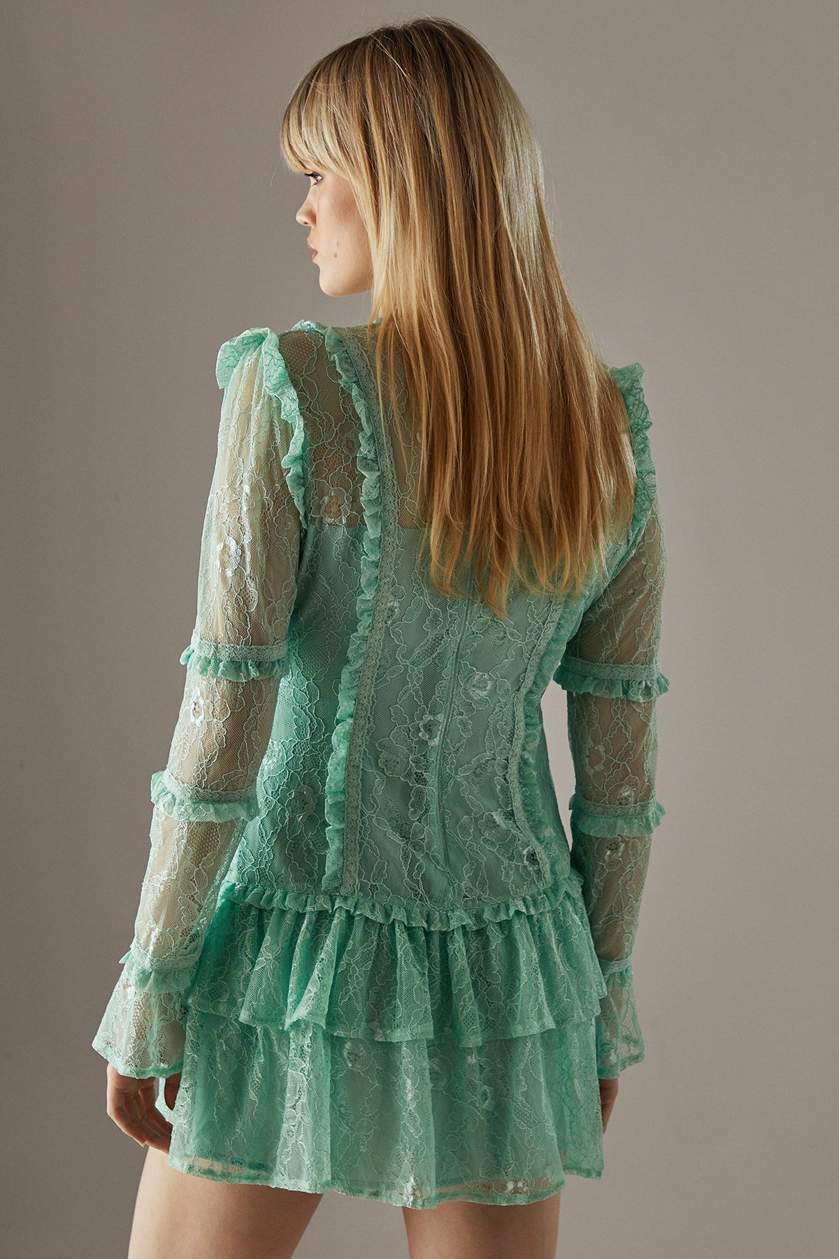 Warehouse Lace Ruffle Insert Mini Dress Sage image 3