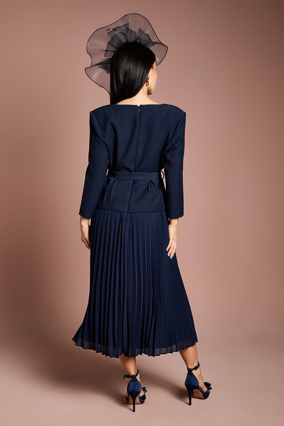 Coast Petite Crepe Bodice Long Sleeve Pleated Midi Dress Navy image 3
