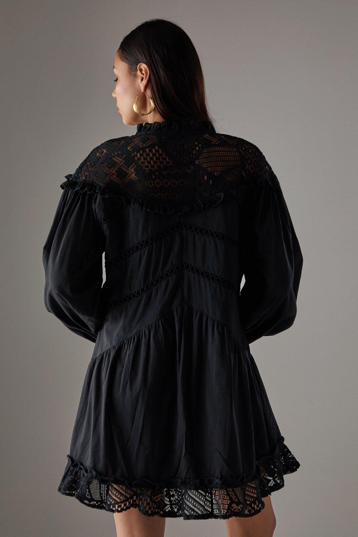 Warehouse HCD Cotton Lace Insert Mini Smock Dress Black image 3