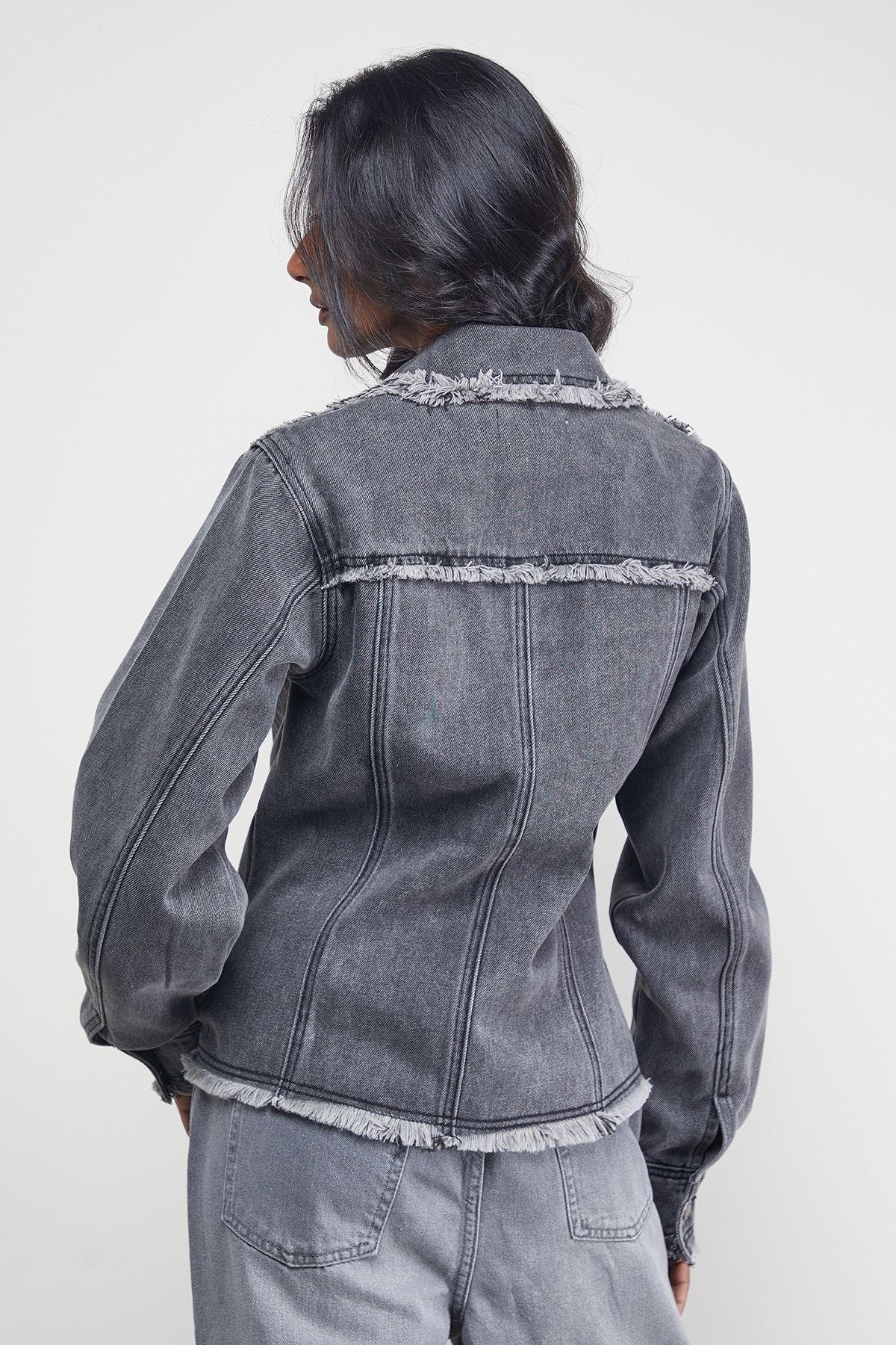 Warehouse Front Fitted Denim Jacket With Frayed Hem Grey image 3