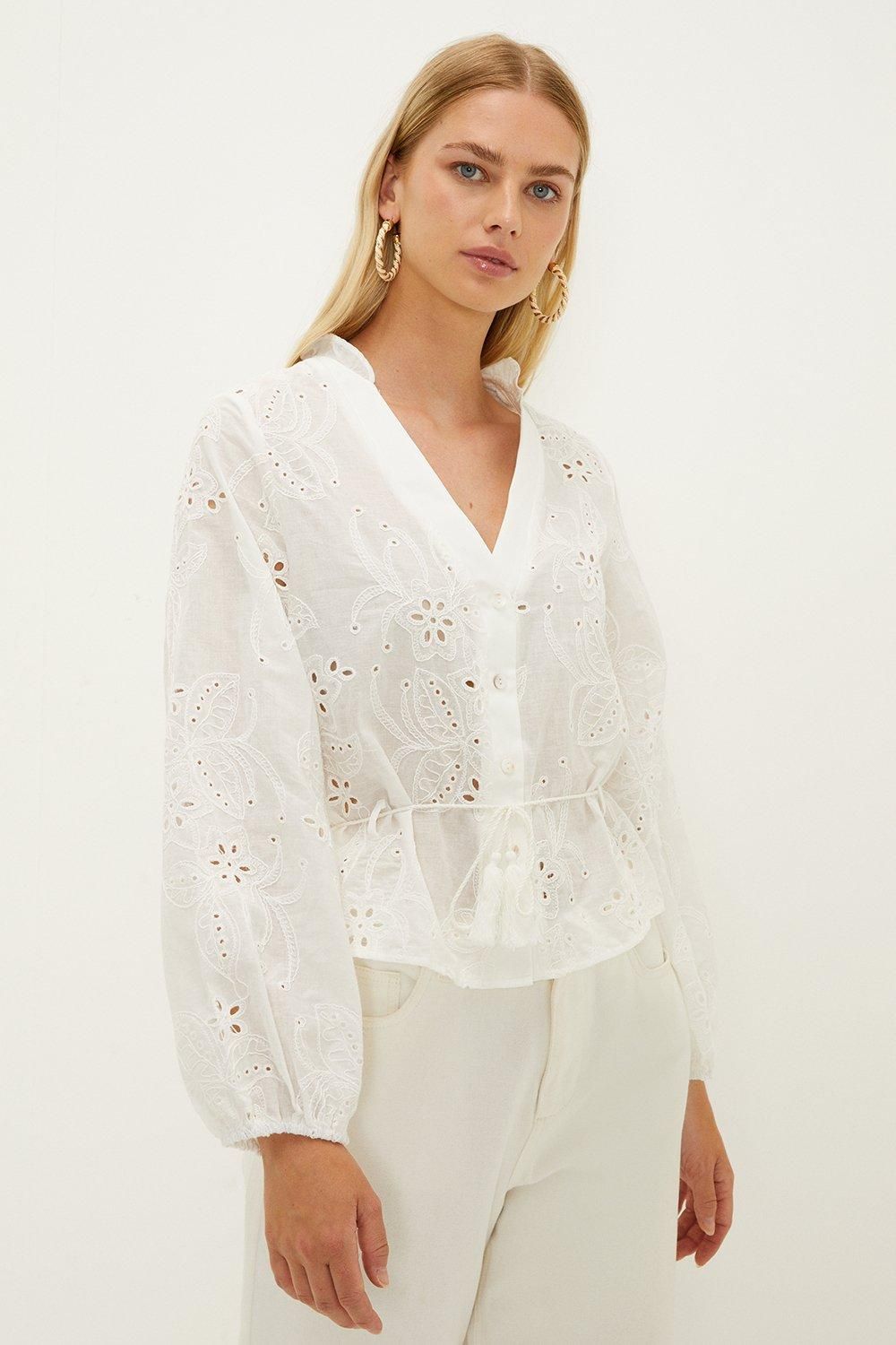 Oasis Broderie Button Through Tie Waist Blouse White image 1