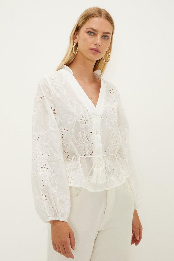 Oasis Broderie Button Through Tie Waist Blouse White