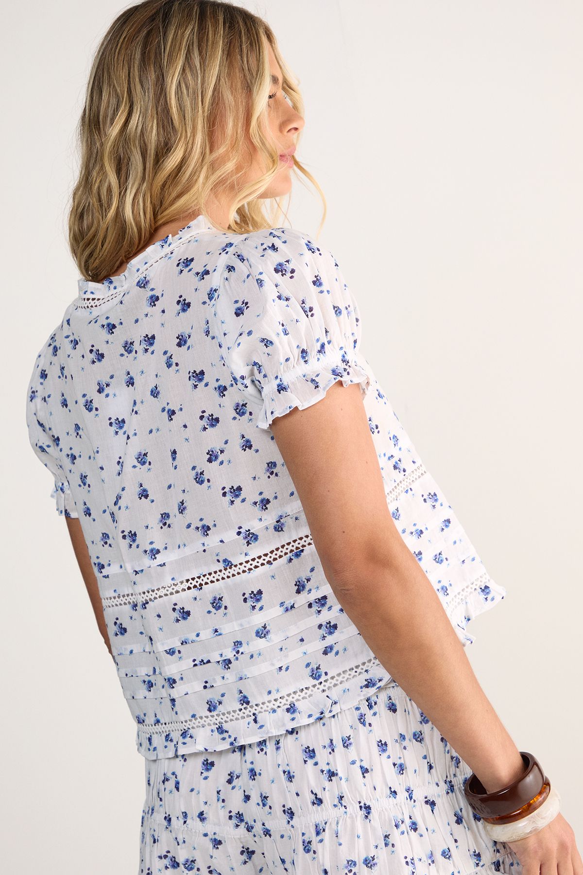 NastyGal Cotton Voile Ditsy Lace Pleated Trim Tie Front Top White image 4