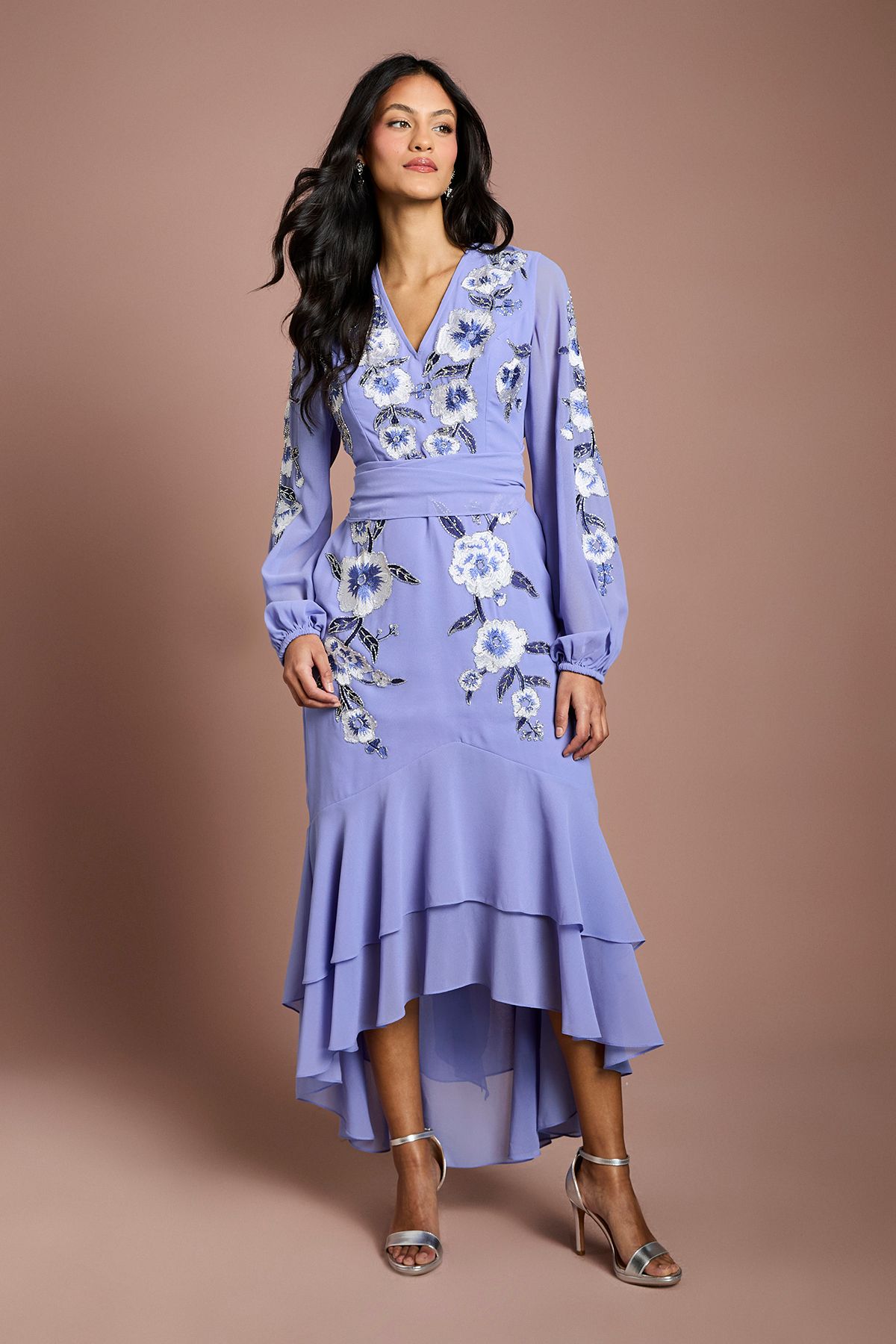 Coast Petite Sequin Embellished And Embroidered Hi-Lo Maxi Dress Cornflower Blue