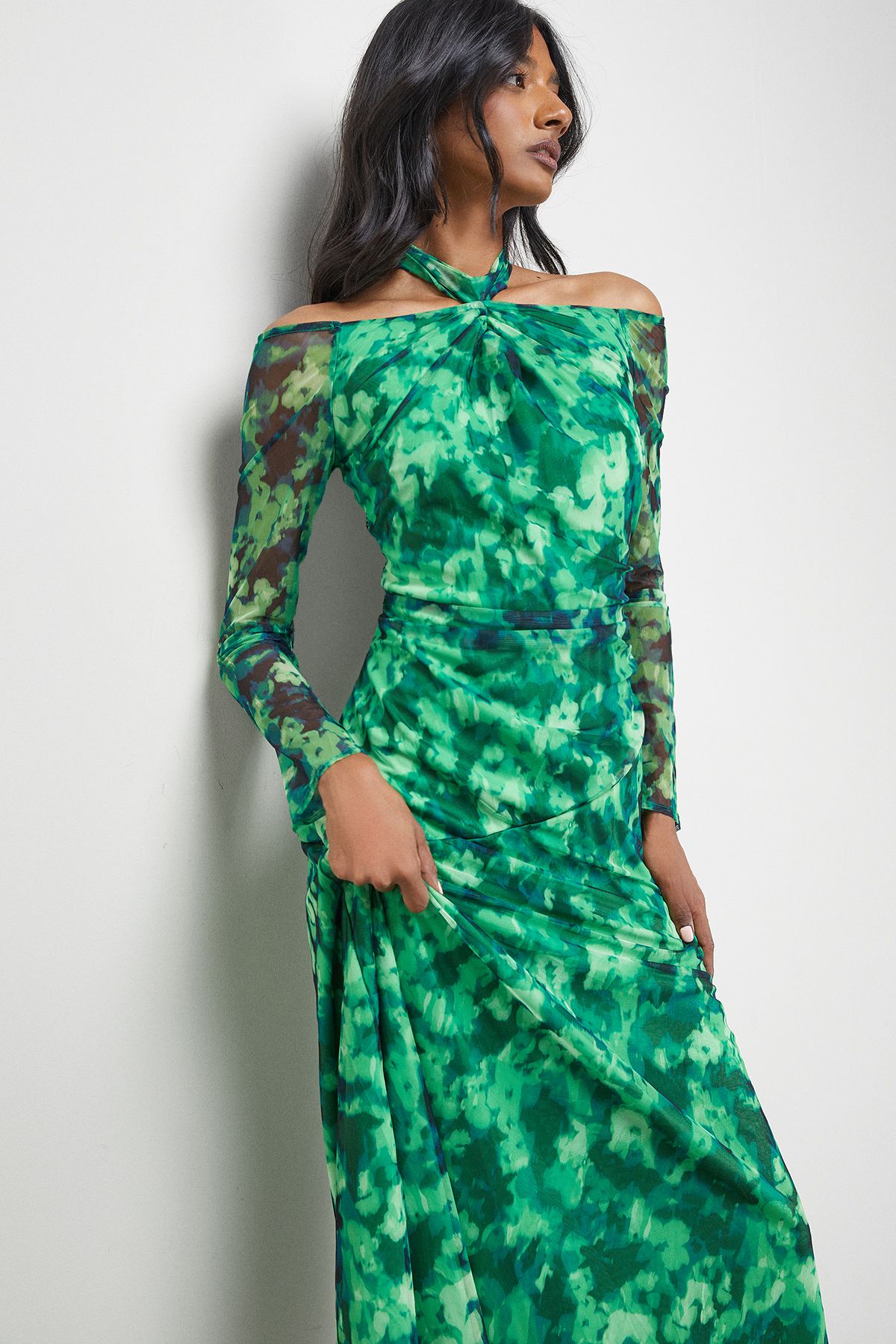 Warehouse Print Twist Mesh Midi Dress Green image 2