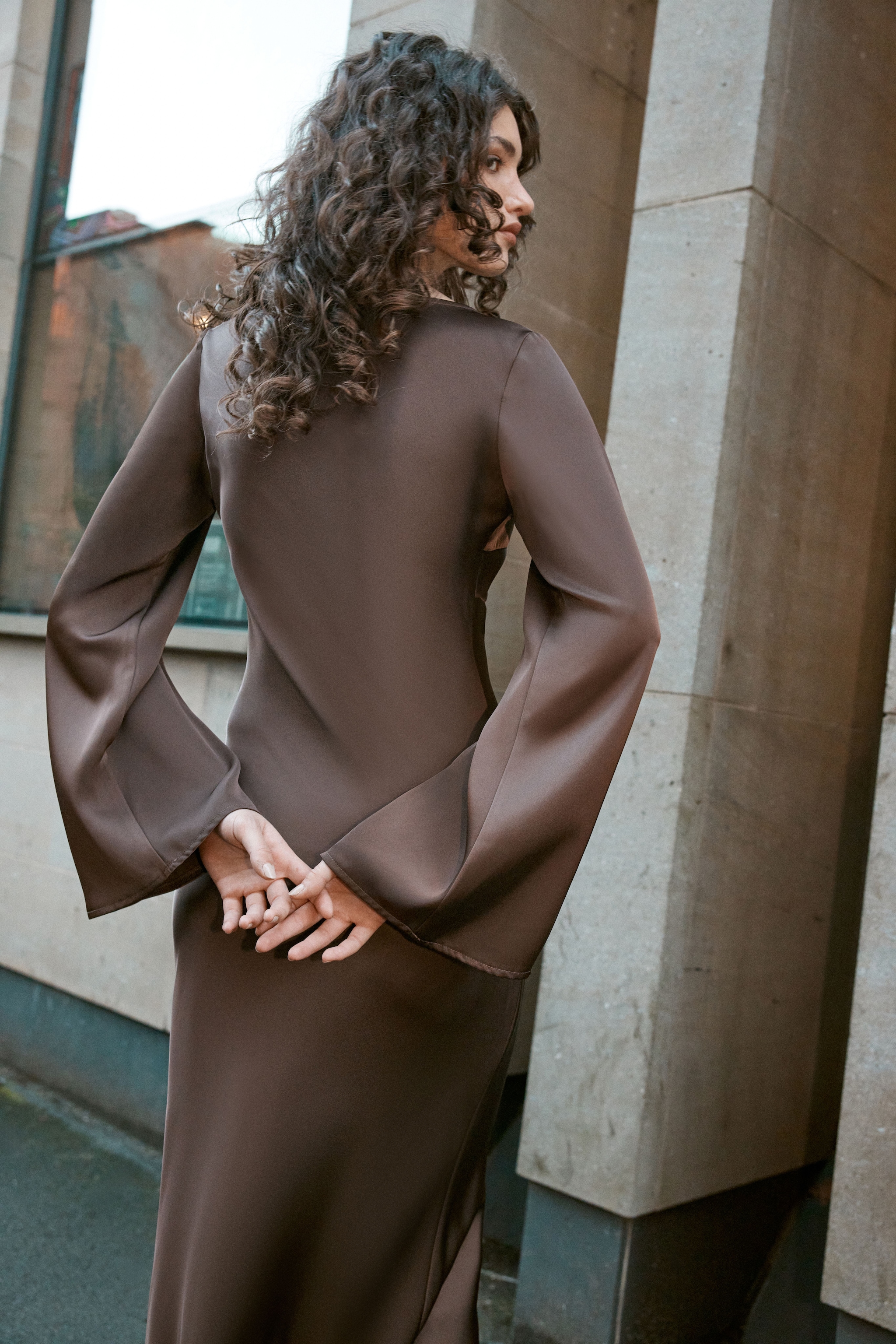 NastyGal Satin Asymmetric Tie Long Sleeve Maxi Dress Chocolate image 4