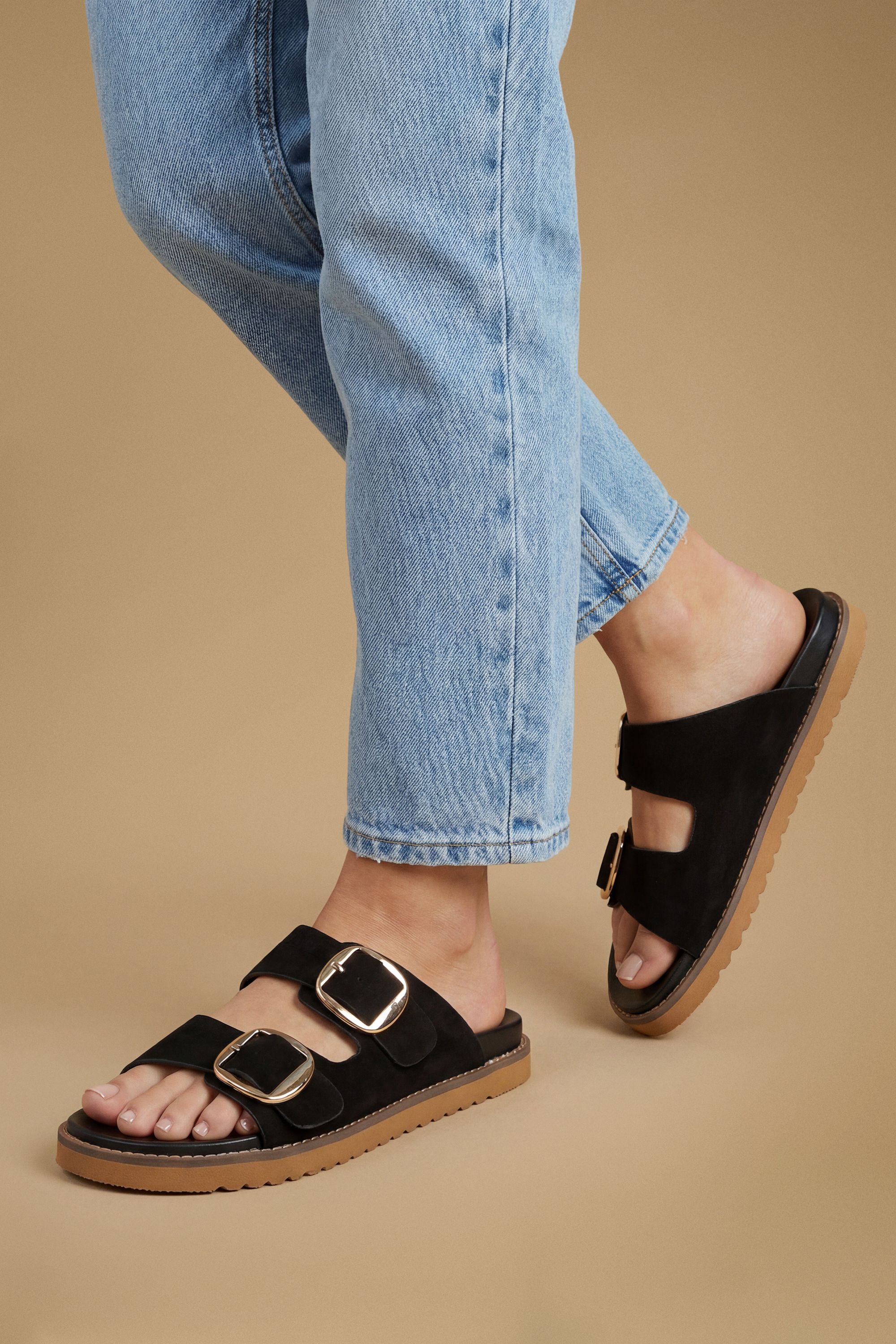 Oasis Louisa Faux Suede Double Buckle Strap Footbed Sandals Natural Black