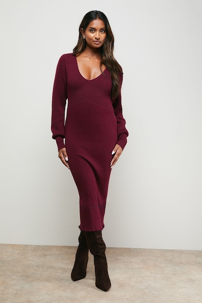 Oasis Scallop Neck Knitted Midi Dress Burgundy