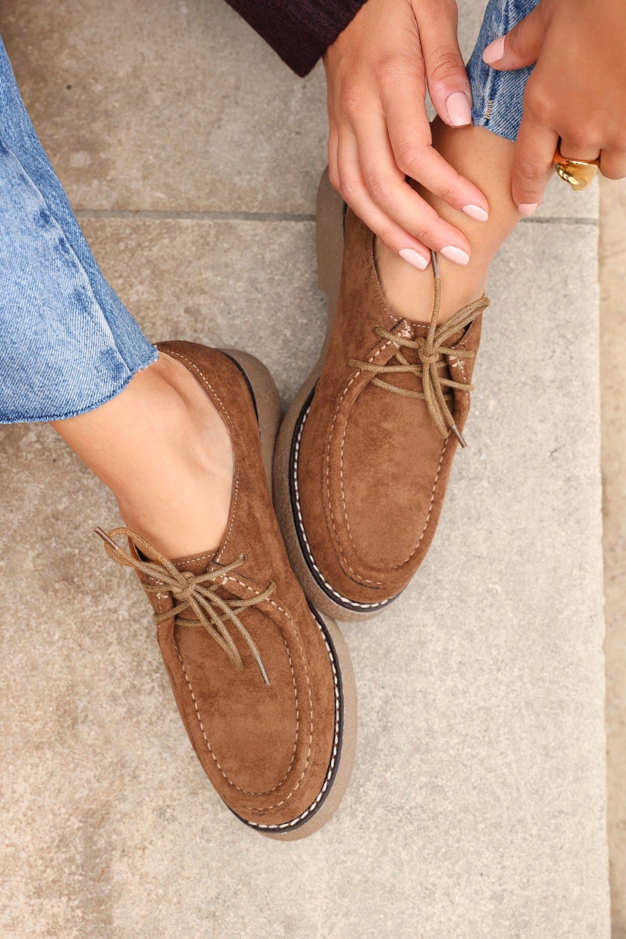 Linzi Perth Tan Faux Suede Laced Chunky Loafer image 2