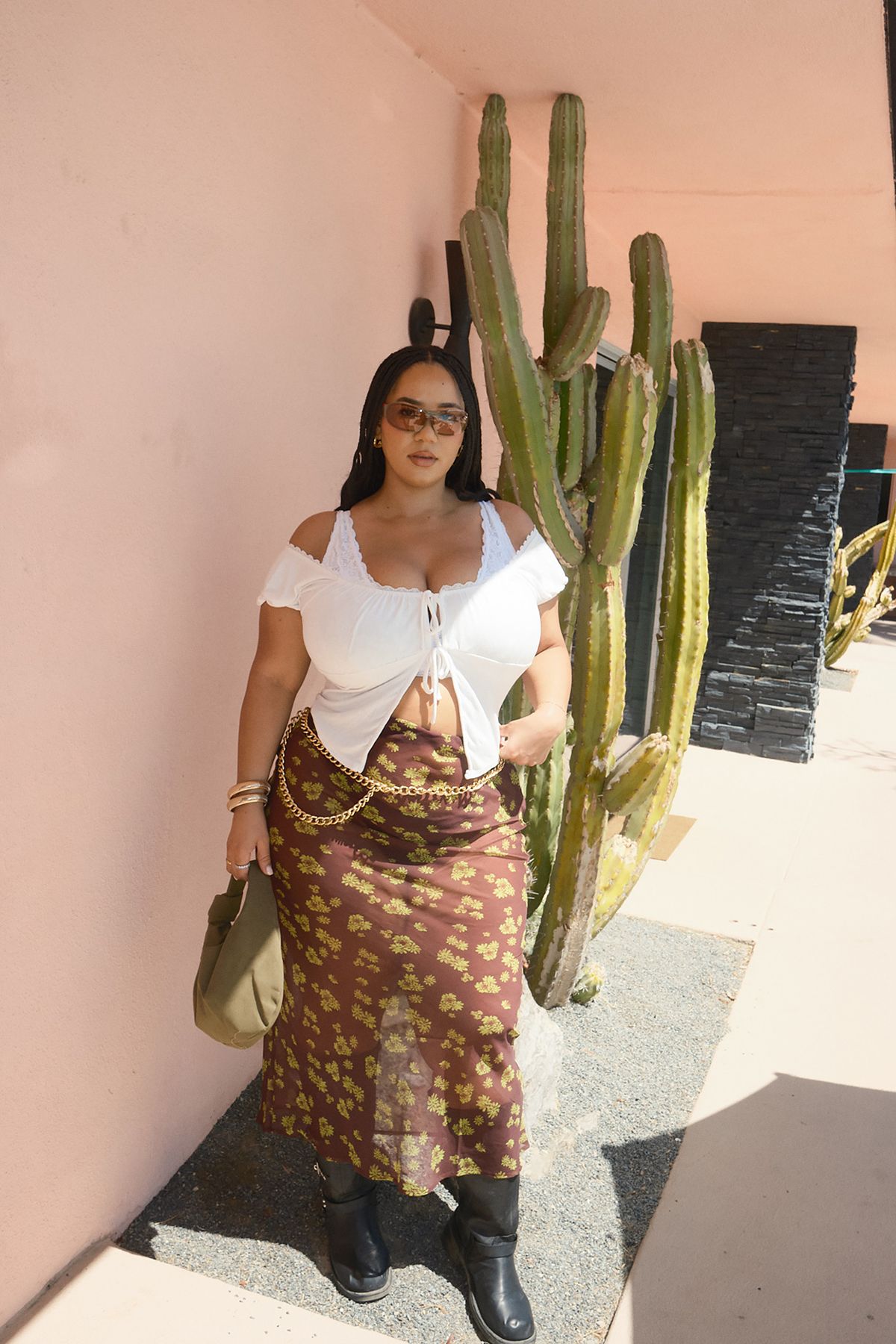 NastyGal Ditsy Crinkle Chiffon Bias Maxi Skirt Co-ord Chocolate