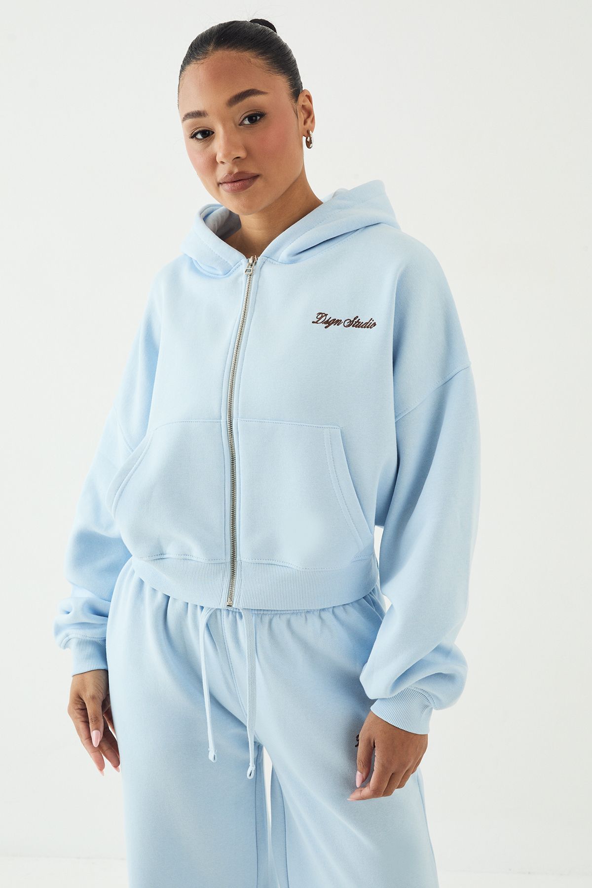 DSGN Studio DSGN Studio Script Embroidered Boxy Crop Zip Through Hoodie Light Blue