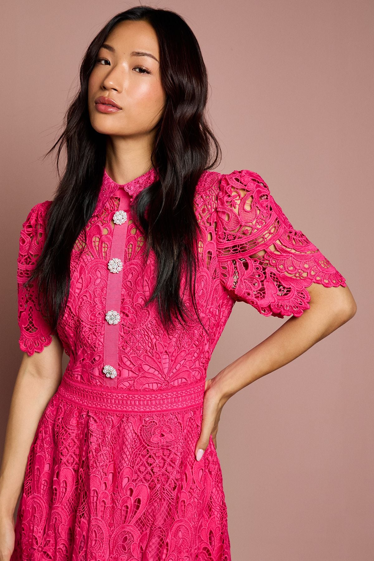 Coast Short Sleeve Collared Lace Midi Dress Raspberry image 4