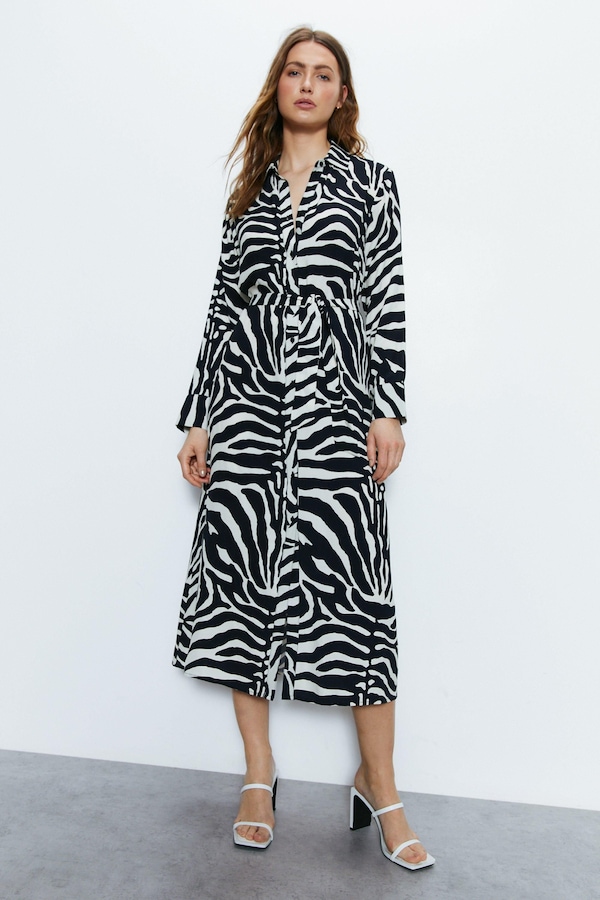 Warehouse Mono Zebra Belted Shirt Dress Black