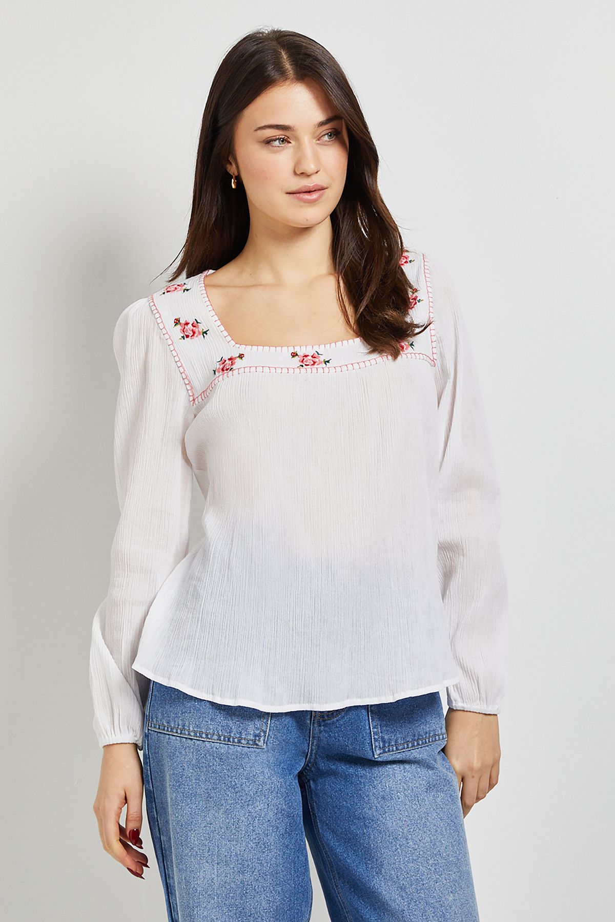 Dorothy Perkins Embroidered Detail Long Sleeve Blouse White