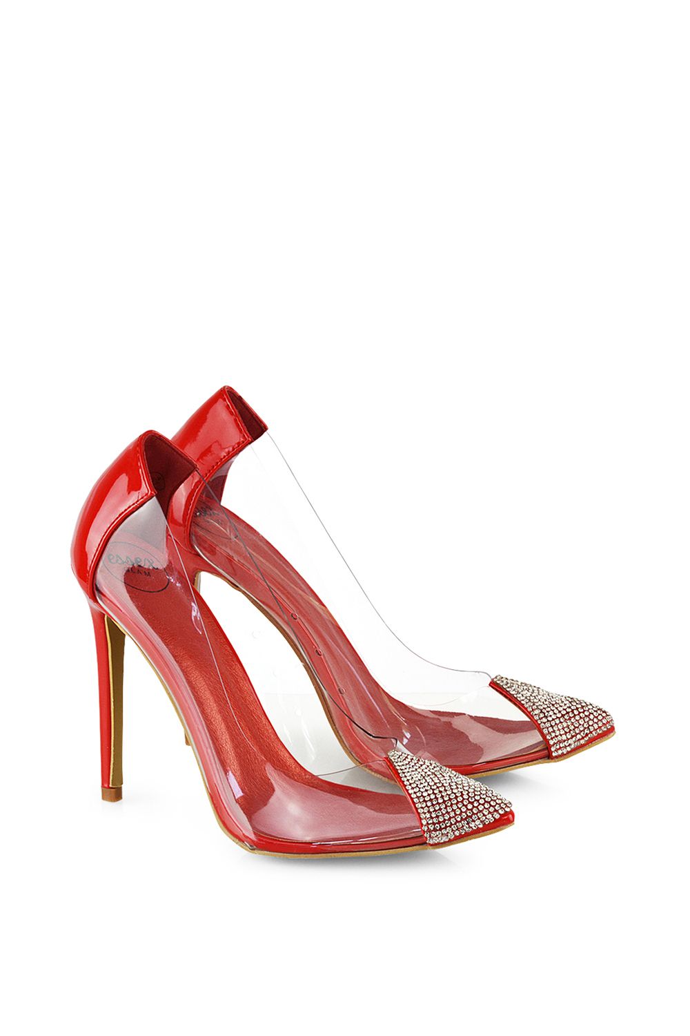 XY London 'Kaz' Pointed Toe Perspex Stiletto Court Heel Shoes With Diamante Detail image 4