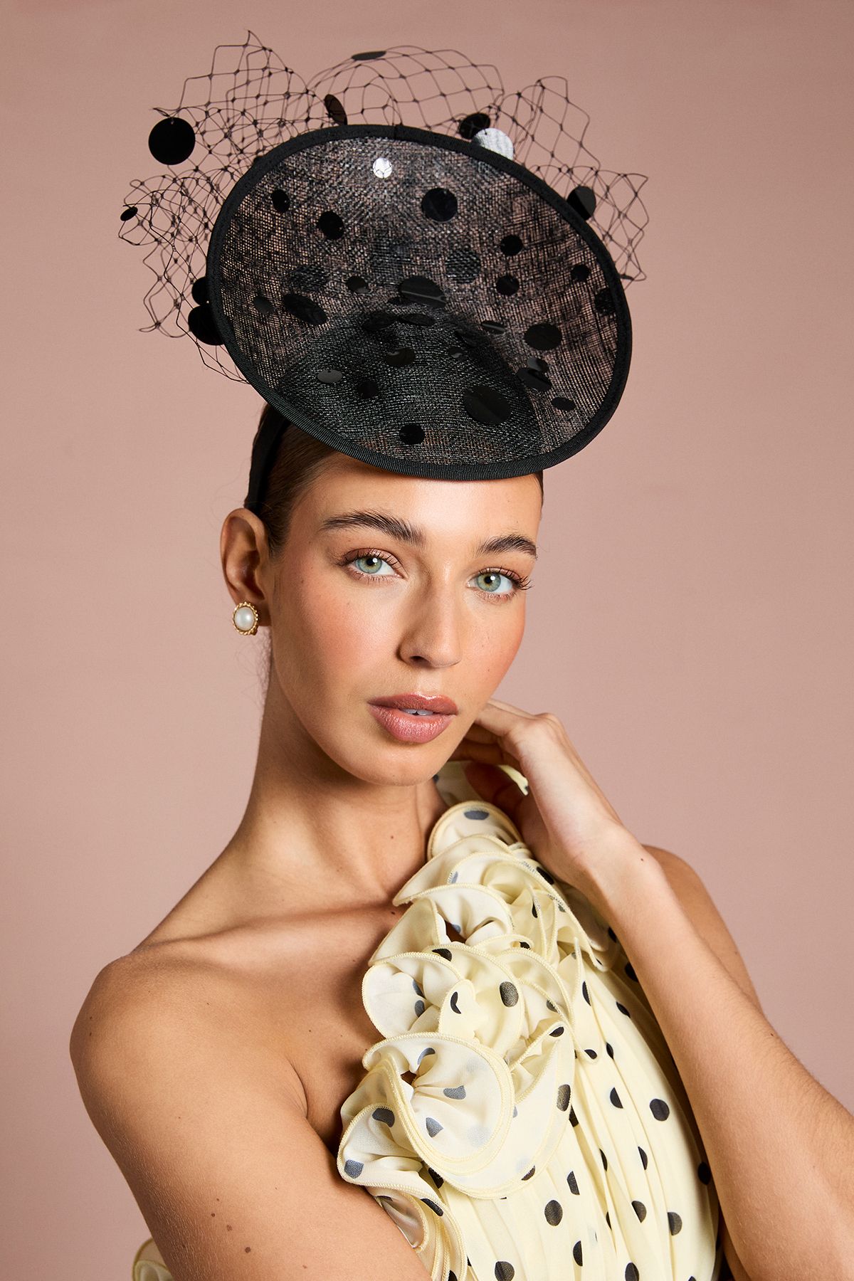 Coast Lisa Tan Front Facing Disc Fascinator With Veiling Black