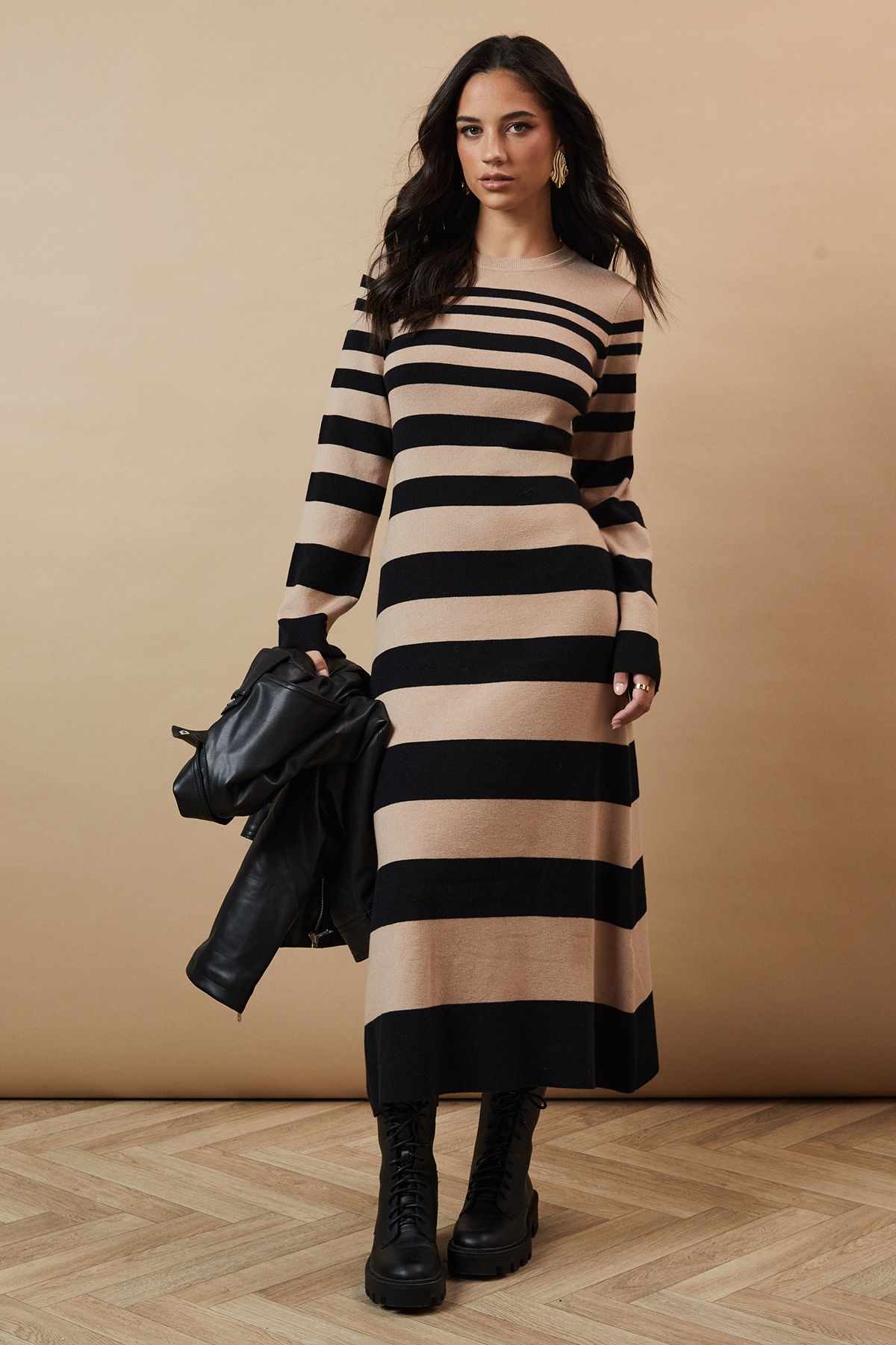Oasis Striped Knitted Midi Dress Stone image 1