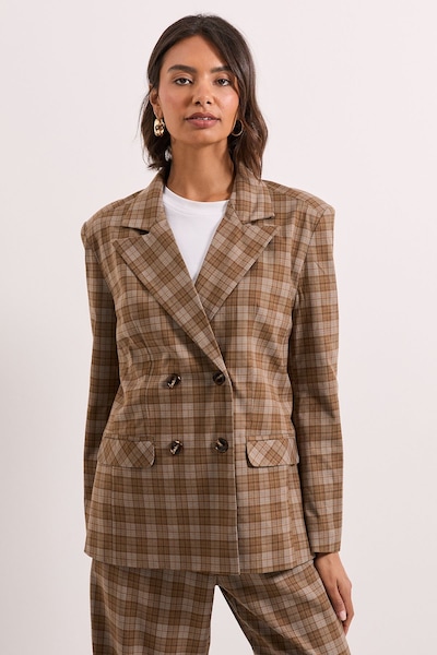 Dorothy Perkins Check Double Breasted Blazer Brown