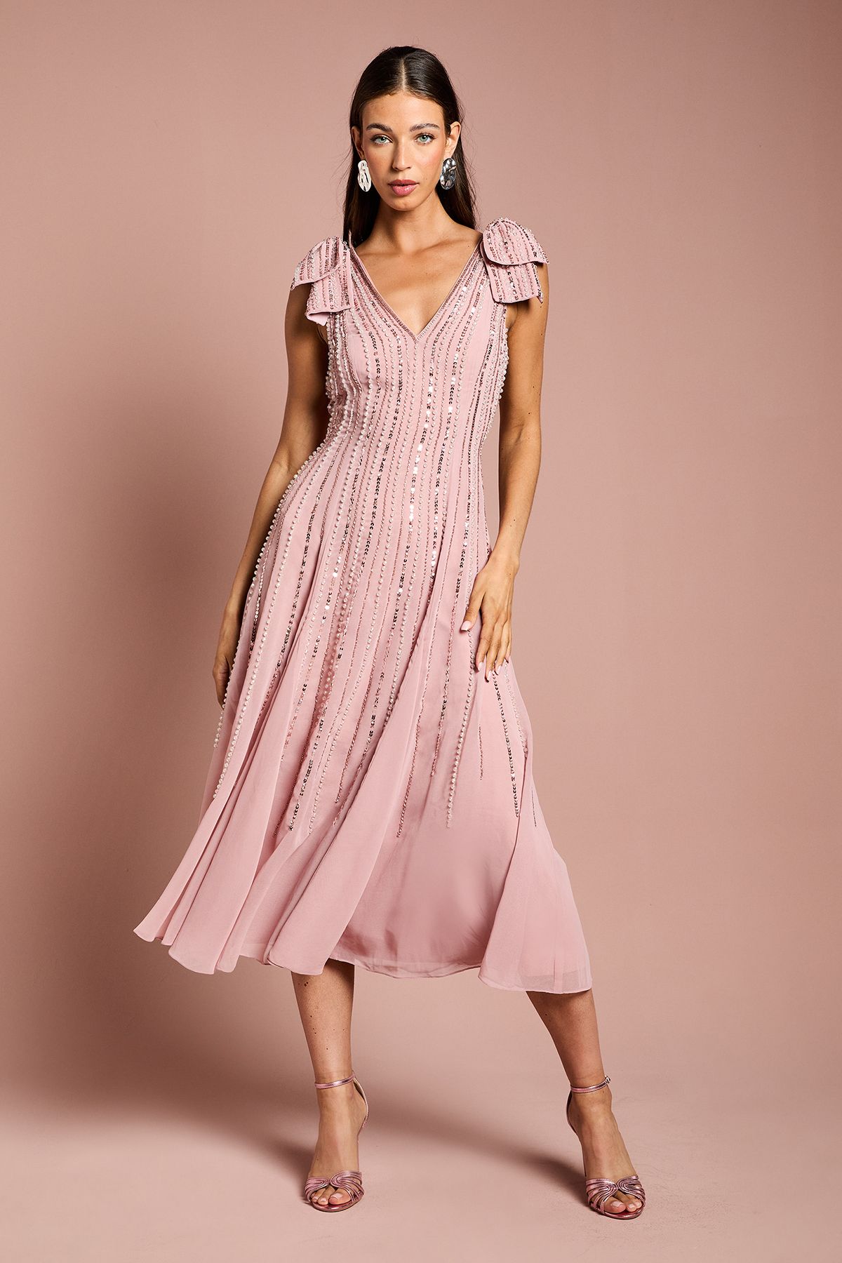 Coast Bow Shoulder Embellished Midi Dress Blush image 1