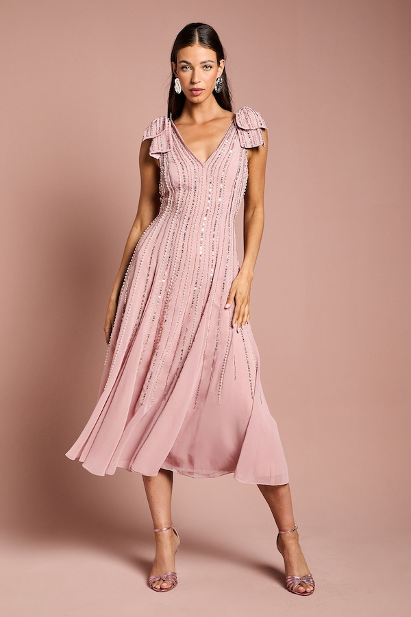 Coast Bow Shoulder Embellished Midi Dress Blush