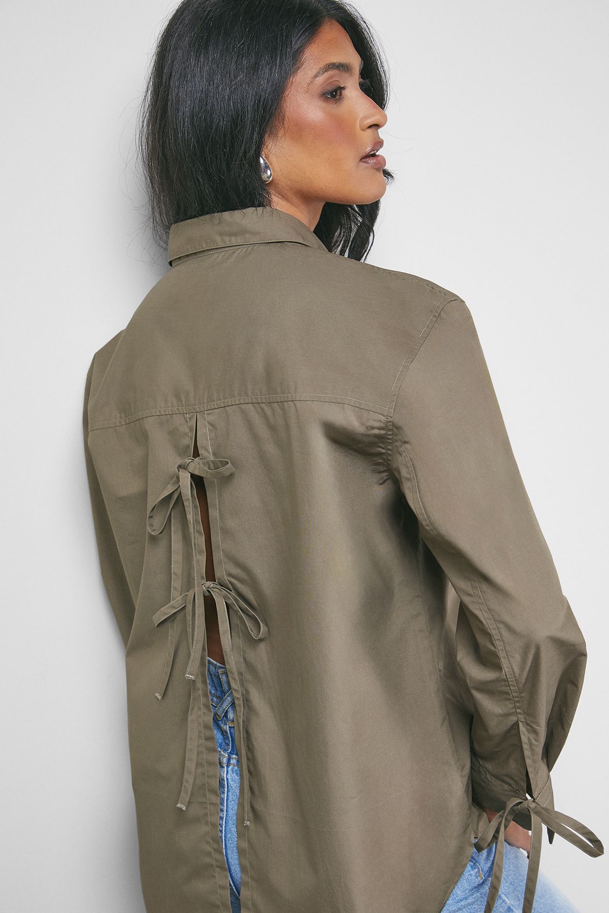 Warehouse Oversized Bow Back Shirt Olive image 1