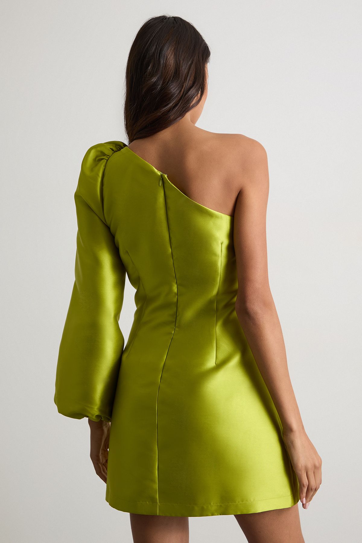 Warehouse One Shoulder Puff Sleeve Mini Dress Chartreuse image 3