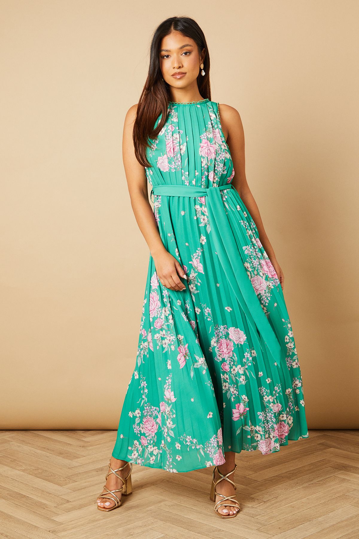 Oasis Petite Green Floral Pleated Belted Midi Dress Green