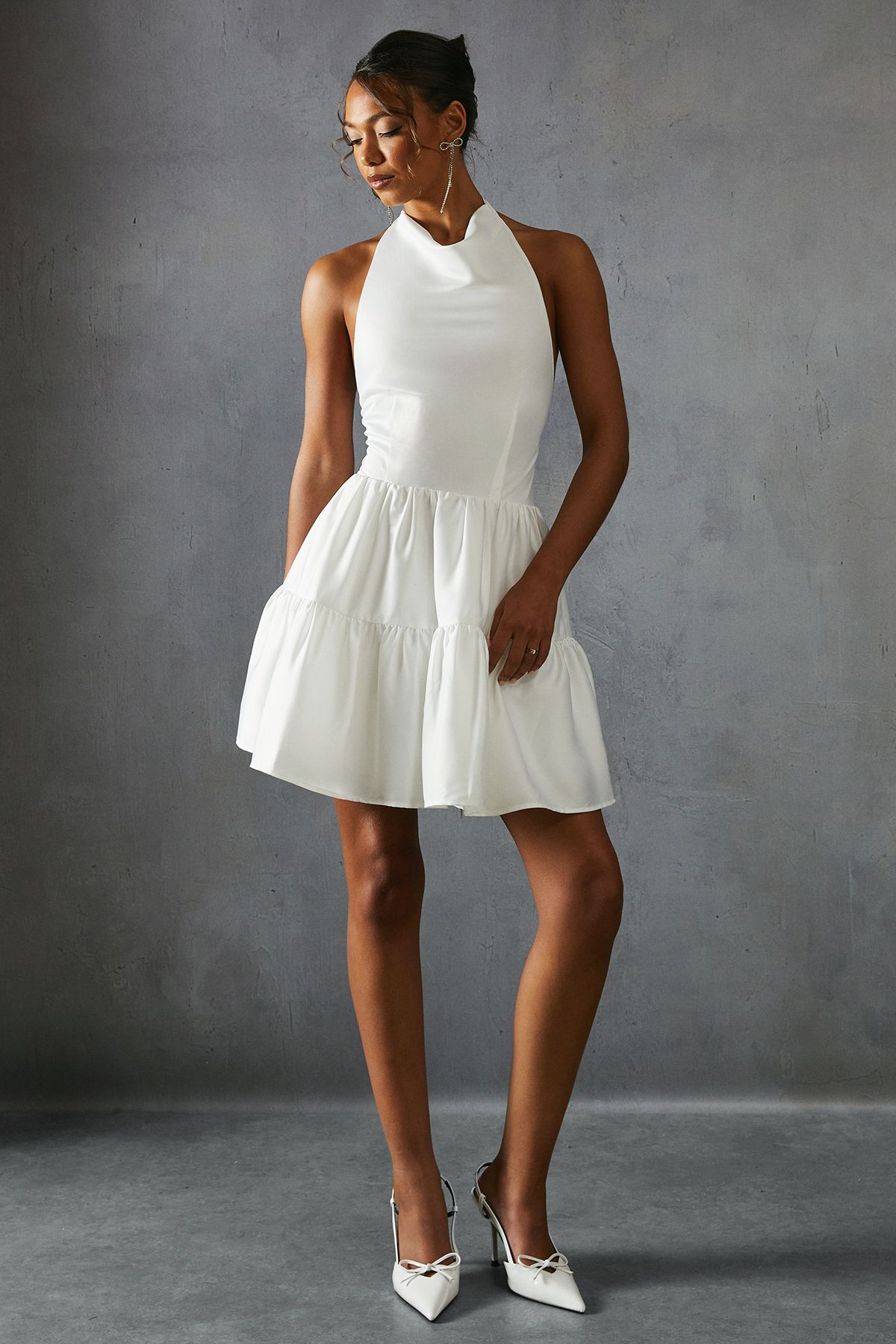 MissPap Satin Cowl Halter Neck Layered Mini Dress White image 4