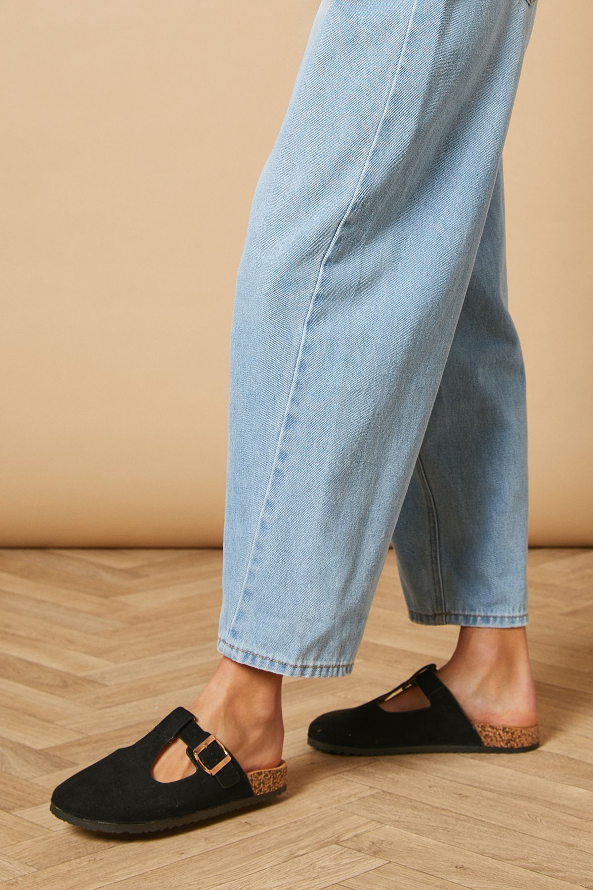 Oasis Emmeline Faux Suede T Bar Mary Jane Closed Toe Footbed Mules Natural Black image 3