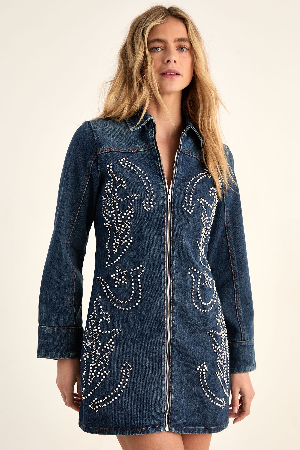 NastyGal Western Studded Zip Front Denim Mini Dress Authentic Midwash image 2