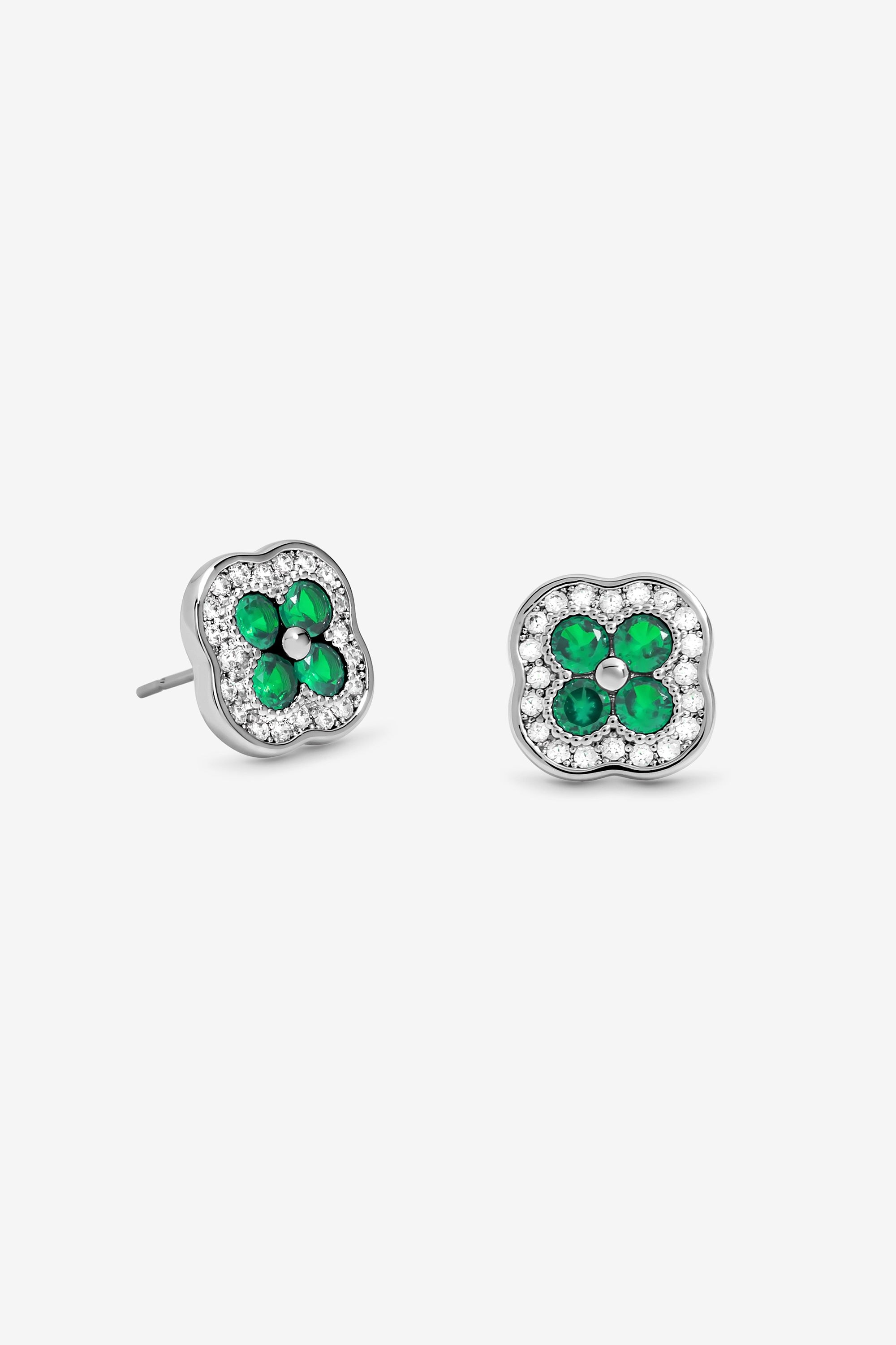 Jon Richard Rhodium Plated Crystal and Emerald Clover Studs image 1