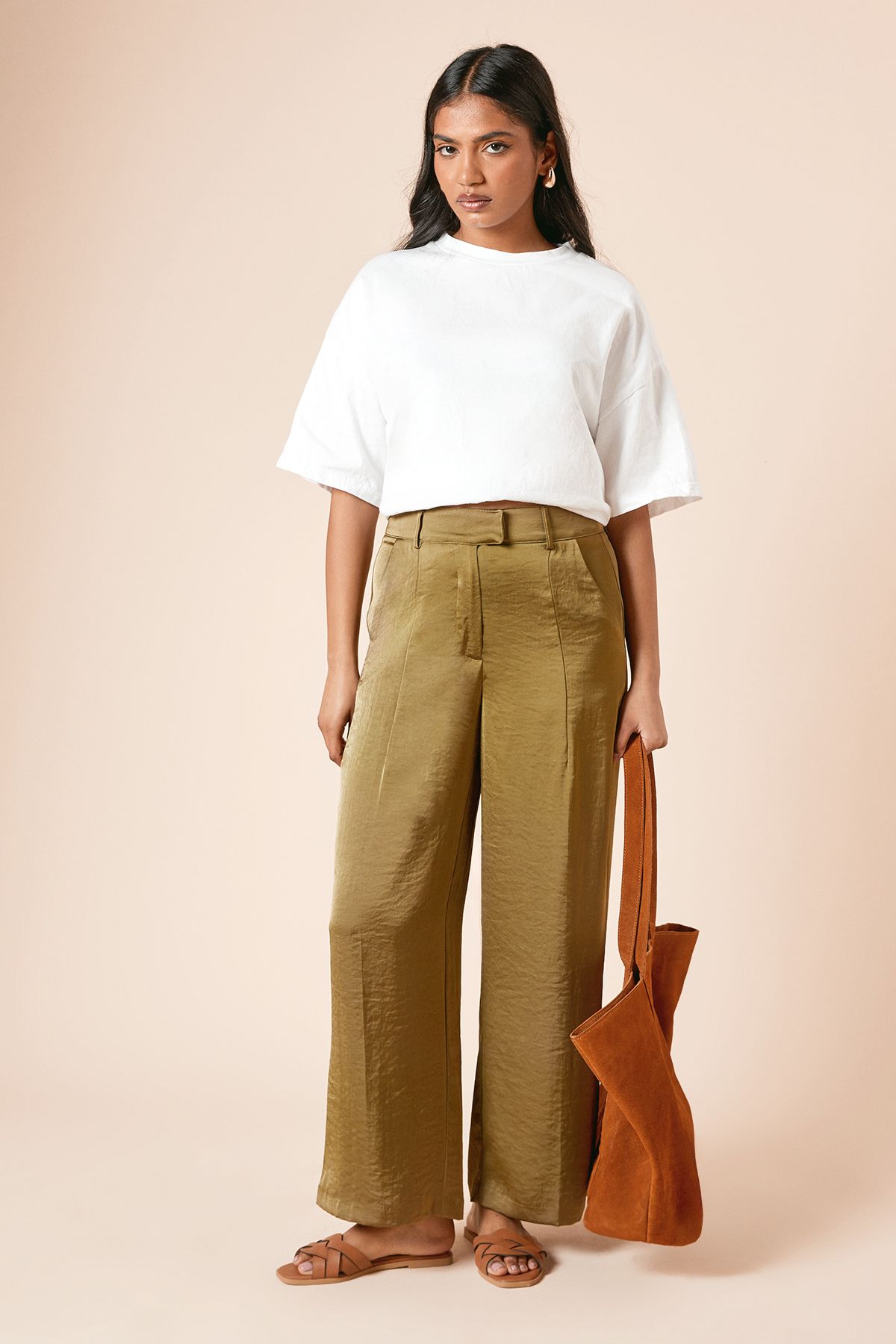 Dorothy Perkins Petite Tailored Satin Straight Leg Trouser Khaki image 1