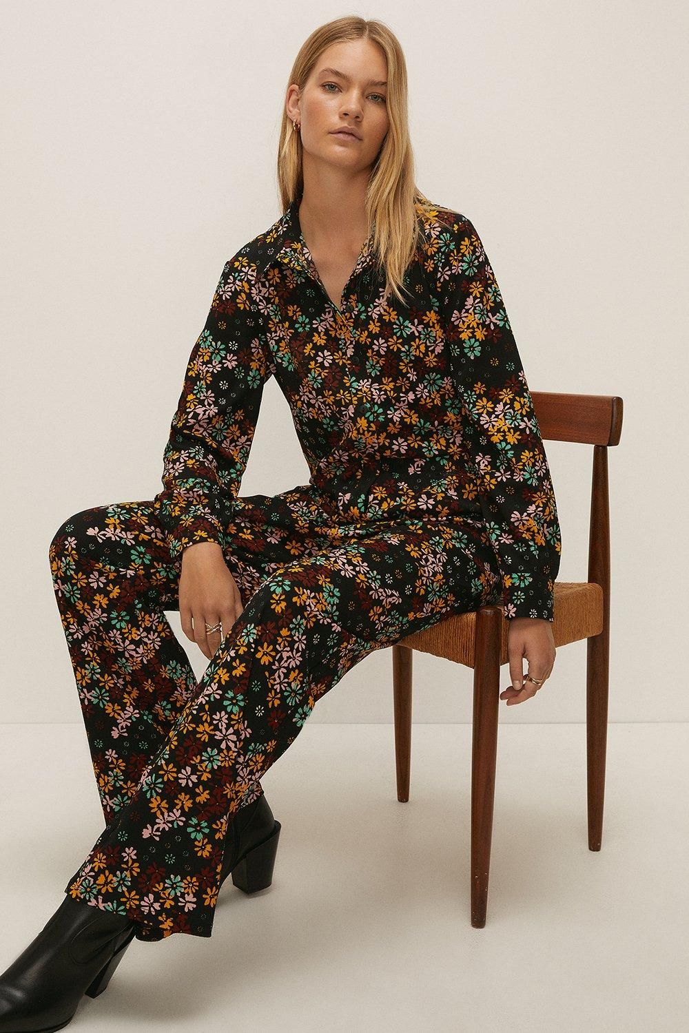 Oasis Petite Daisy Print Wide Leg Crinkle Trouser Multi