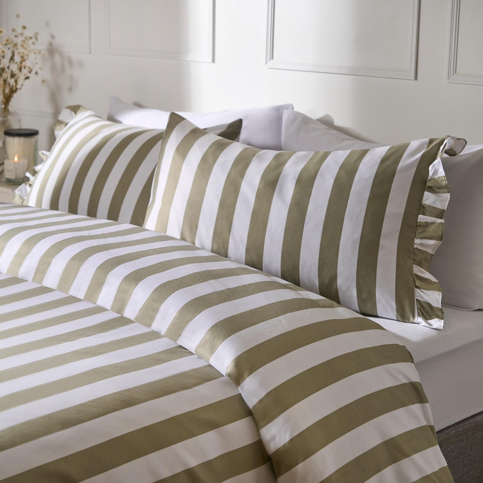 OHS Frill Duvet Cover Bedding Set Pillowcase Stripe Quilt Luxury