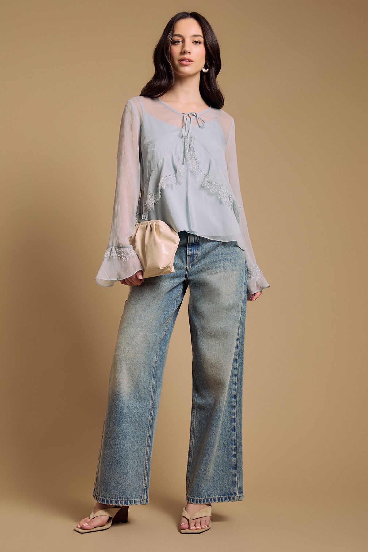 Oasis Fluted sleeve lace trim blouse Baby Blue image 4