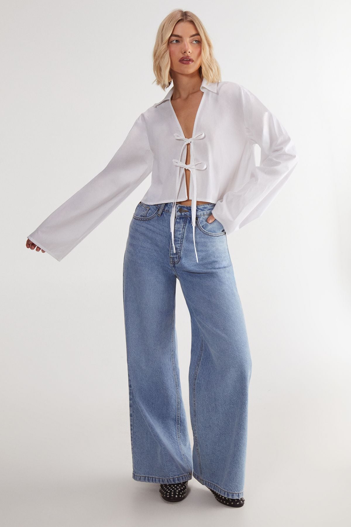 NastyGal Cotton Tie Front Collared Wide Cuff Shirt White image 2