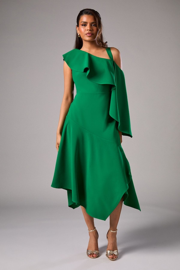 Coast Petite One Shoulder Ruffle Crepe Midi Wedding Guest Dress Emerald