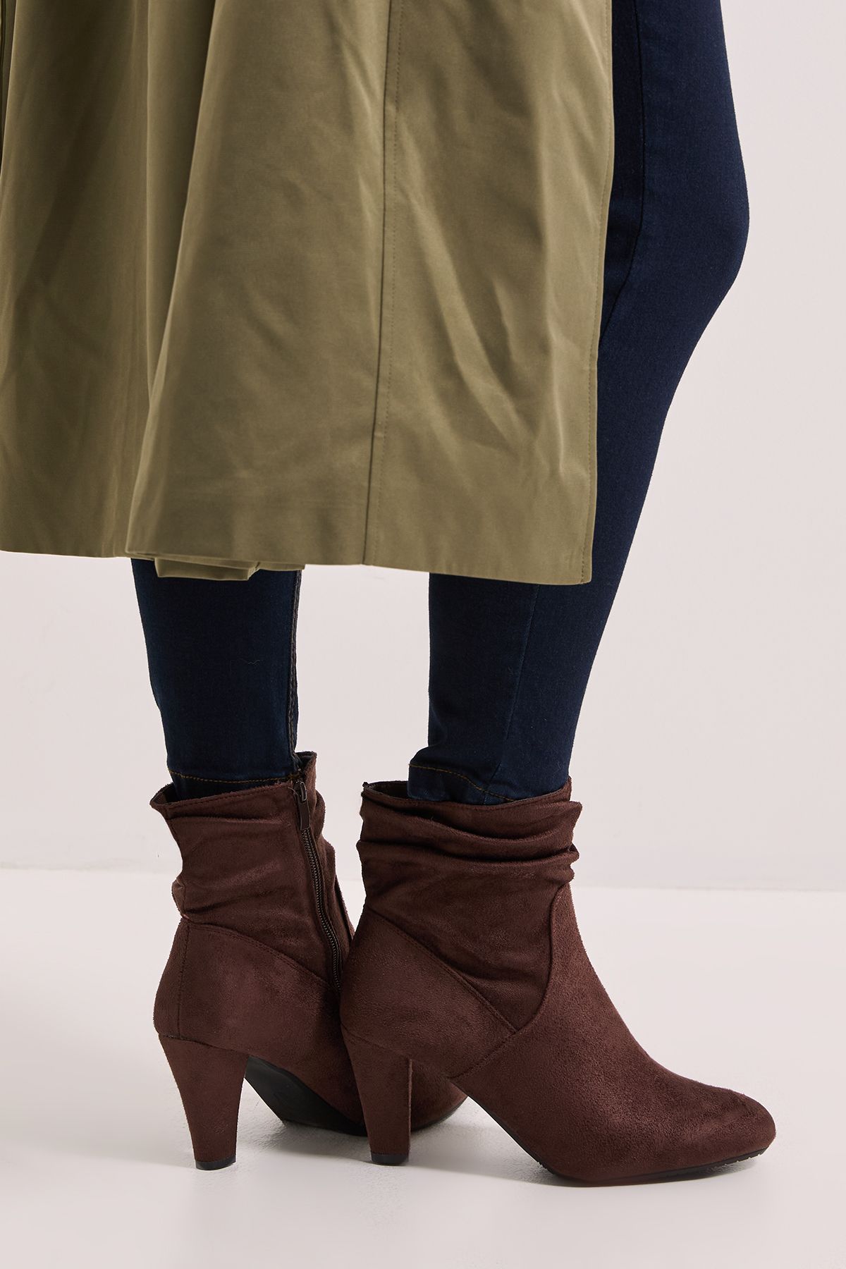 Dorothy Perkins Wide Fit Ally Faux Suede Ruched High Heeled Ankle Boots Brown image 3