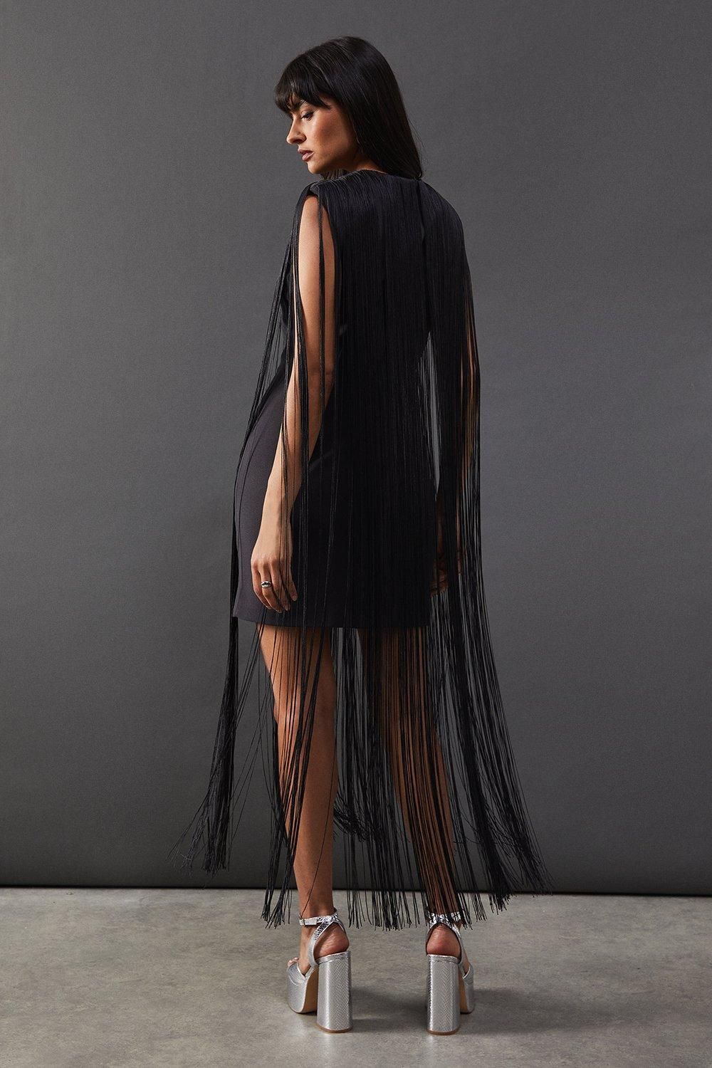 Warehouse Premium Fringe Sleeveless Mini Dress Charcoal image 3