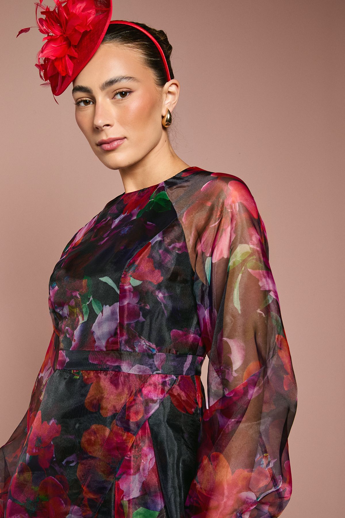 Coast Organza Wrap Waist Puff Sleeve Midi Dress Pink image 2