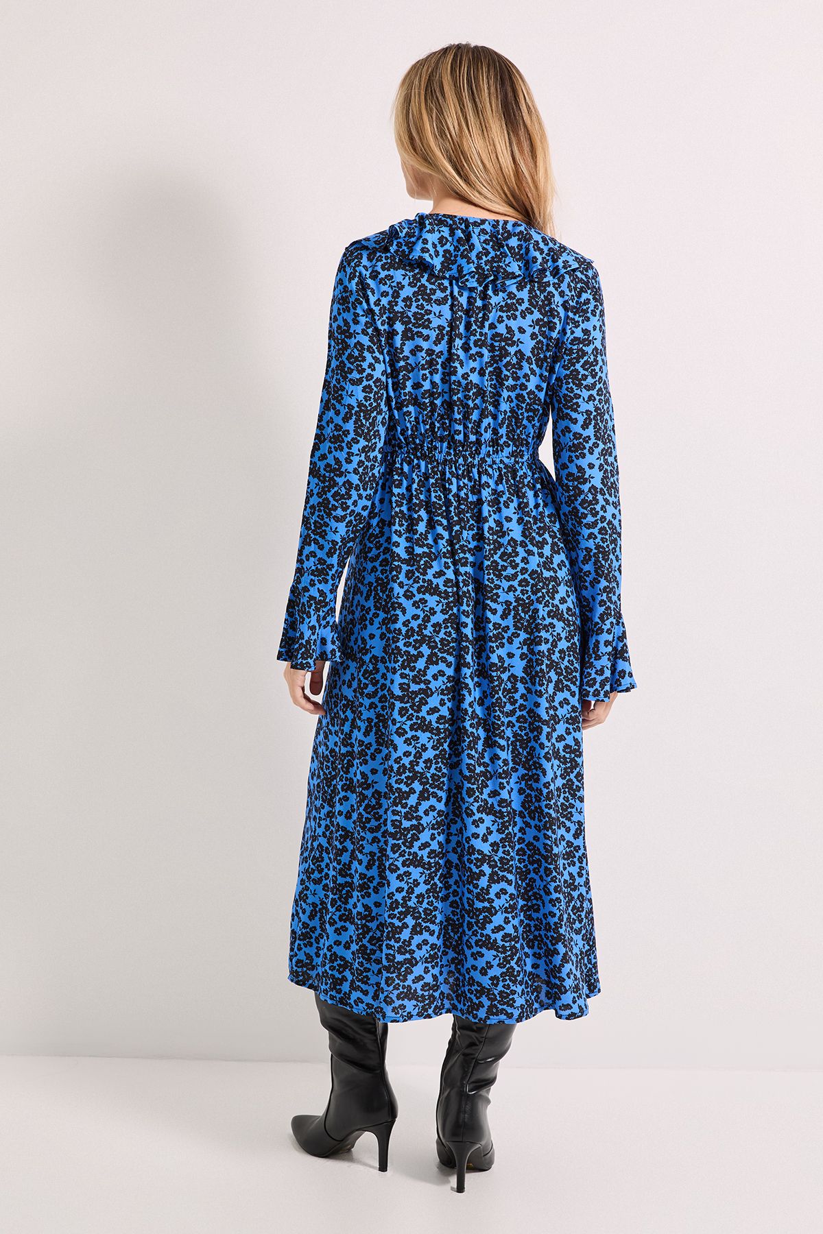 Dorothy Perkins Blue Floral Frill Neck Button Front Printed Midi Dress Blue image 3